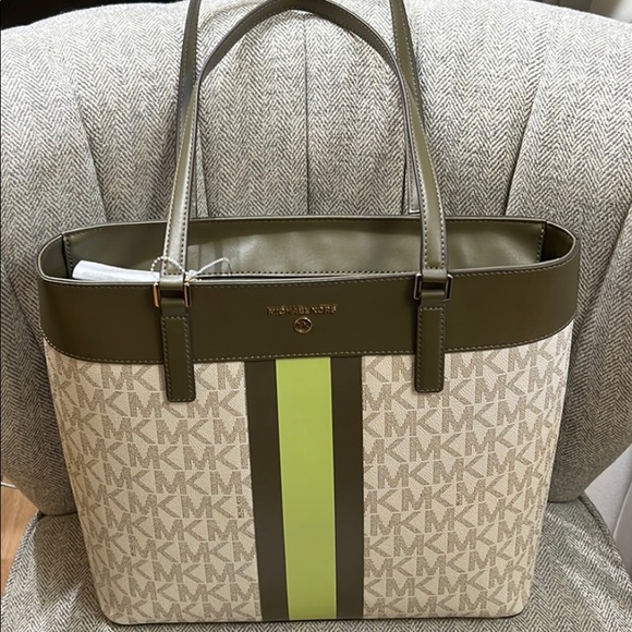 NWOT Michael Kors Center Stripe Morgan Large Tote Olive Multi - Picture 2 of 15